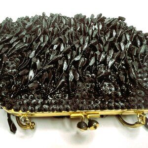 Vintage Handmade Black Beaded Evening Bag Gold Chain